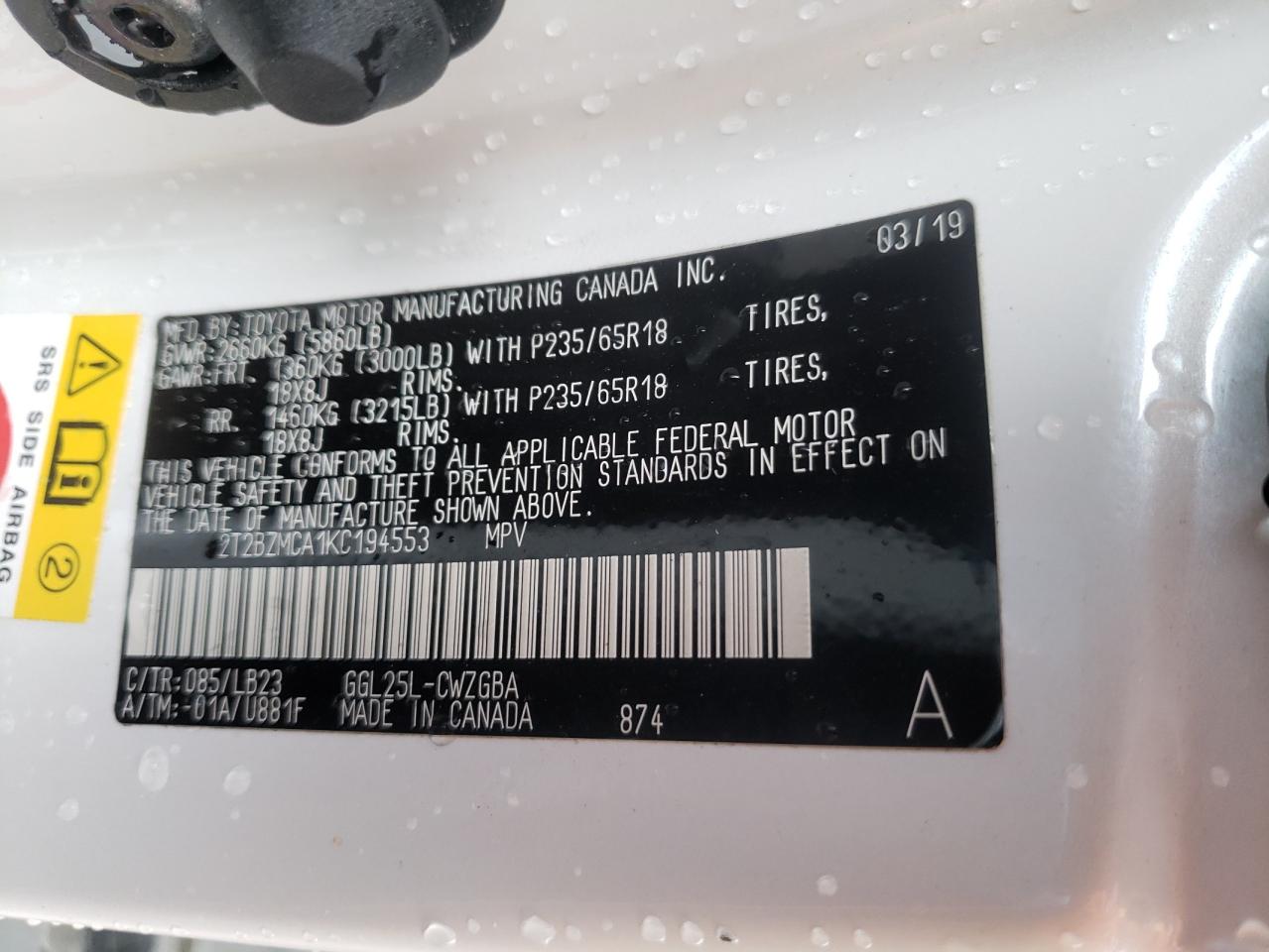 2T2BZMCA1KC194553 - 2019 Lexus rx 350 bas