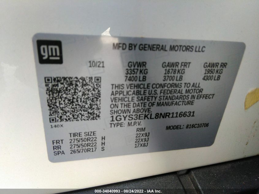 1GYS3EKL8NR116631 - 2022 Cadillac Escalade