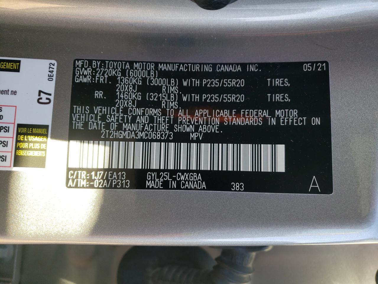 2T2HGMDA3MC068373 - 2021 Lexus rx 450h