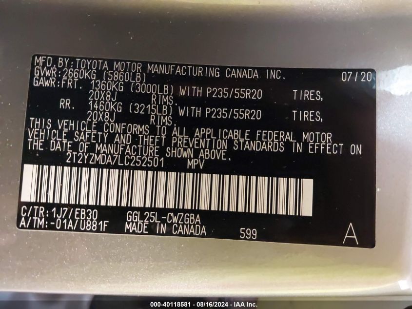 2T2YZMDA7LC252501 - 2020 Lexus Rx