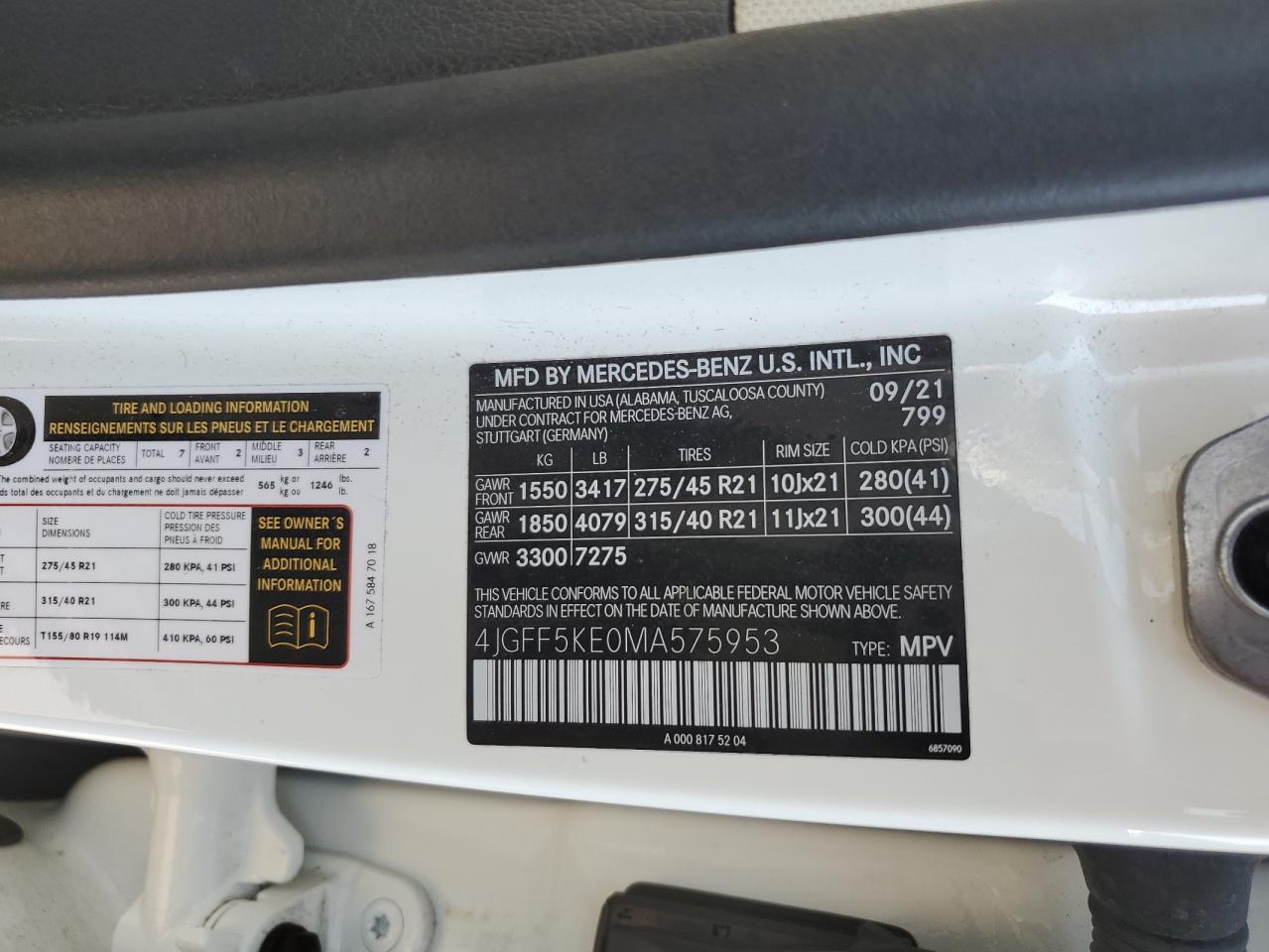 4JGFF5KE0MA575953 - 2021 Mercedes-benz gls 450