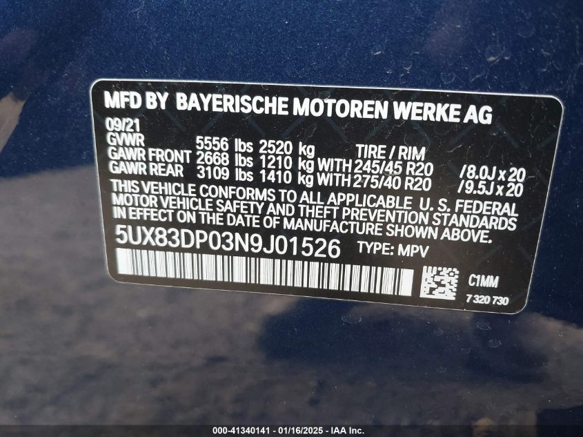 5UX83DP03N9J01526 - 2022 Bmw X3