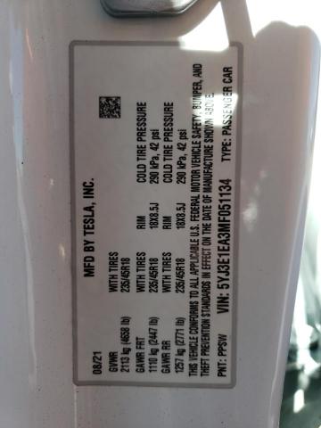 5YJ3E1EA3MF051134 - 2021 Tesla Model 3