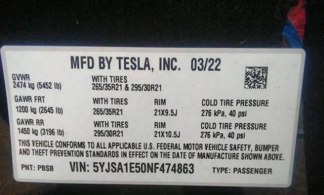 5YJSA1E50NF474863 - 2022 Tesla Model s