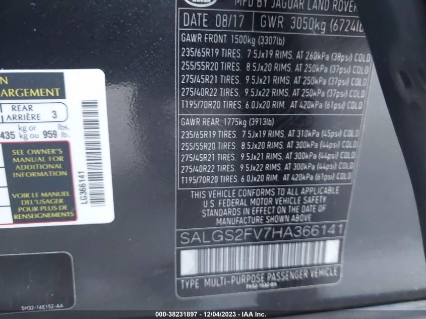 SALGS2FV7HA366141 - 2017 Land rover Range rover