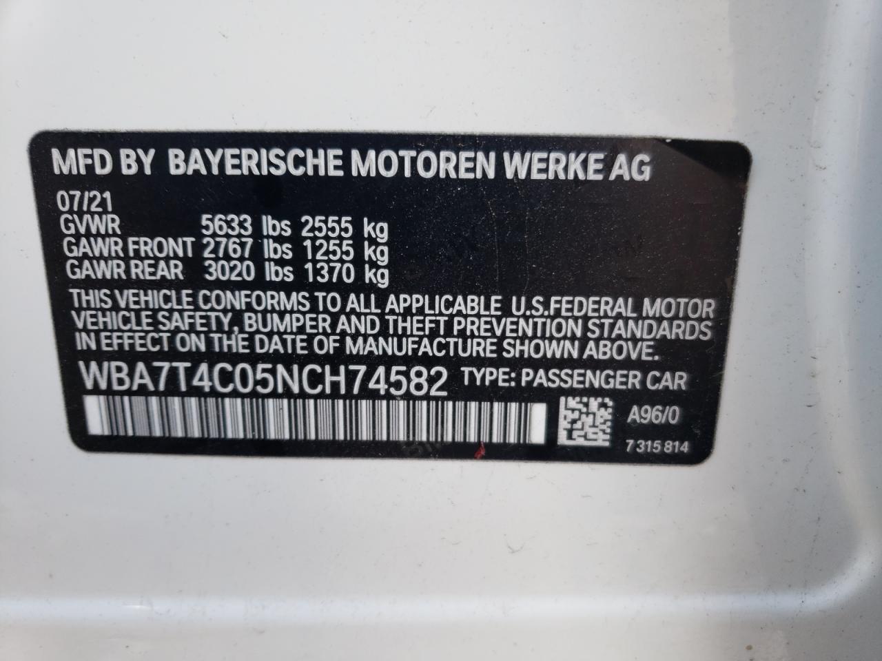 WBA7T4C05NCH74582 - 2022 Bmw 740 xi